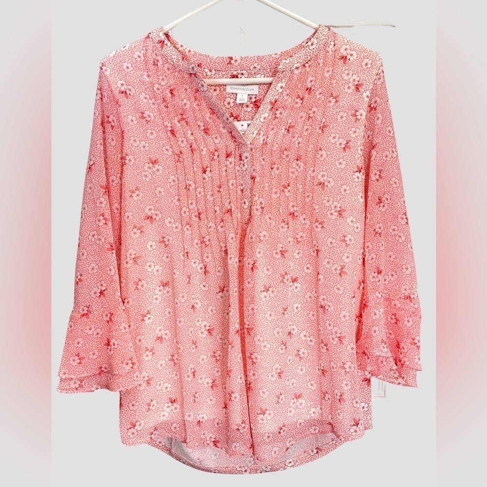 Charter Club Flowy Pink Coral Floral Blouse Top